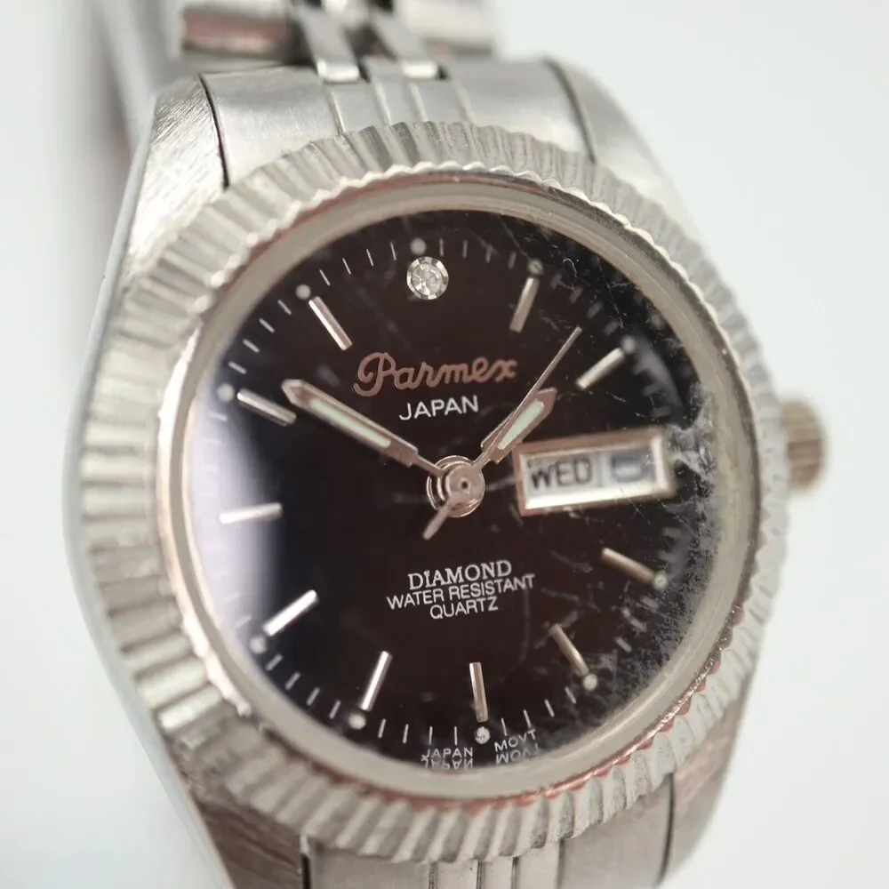 Parmex Women Watch 26mm Day Date Silver Tone Vintage Presidential w New Battery
